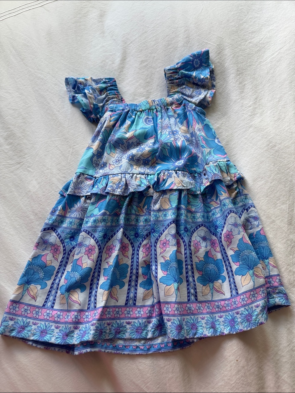 Joyous and free - Blue Floral Tiered Girls' Dress with Ruffle Sleeves